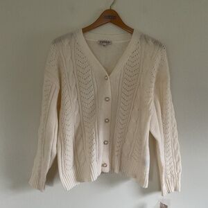 nanette lepore Fisherman Cable knit Pearl Button Pointelle Cardigan Sz L Cream